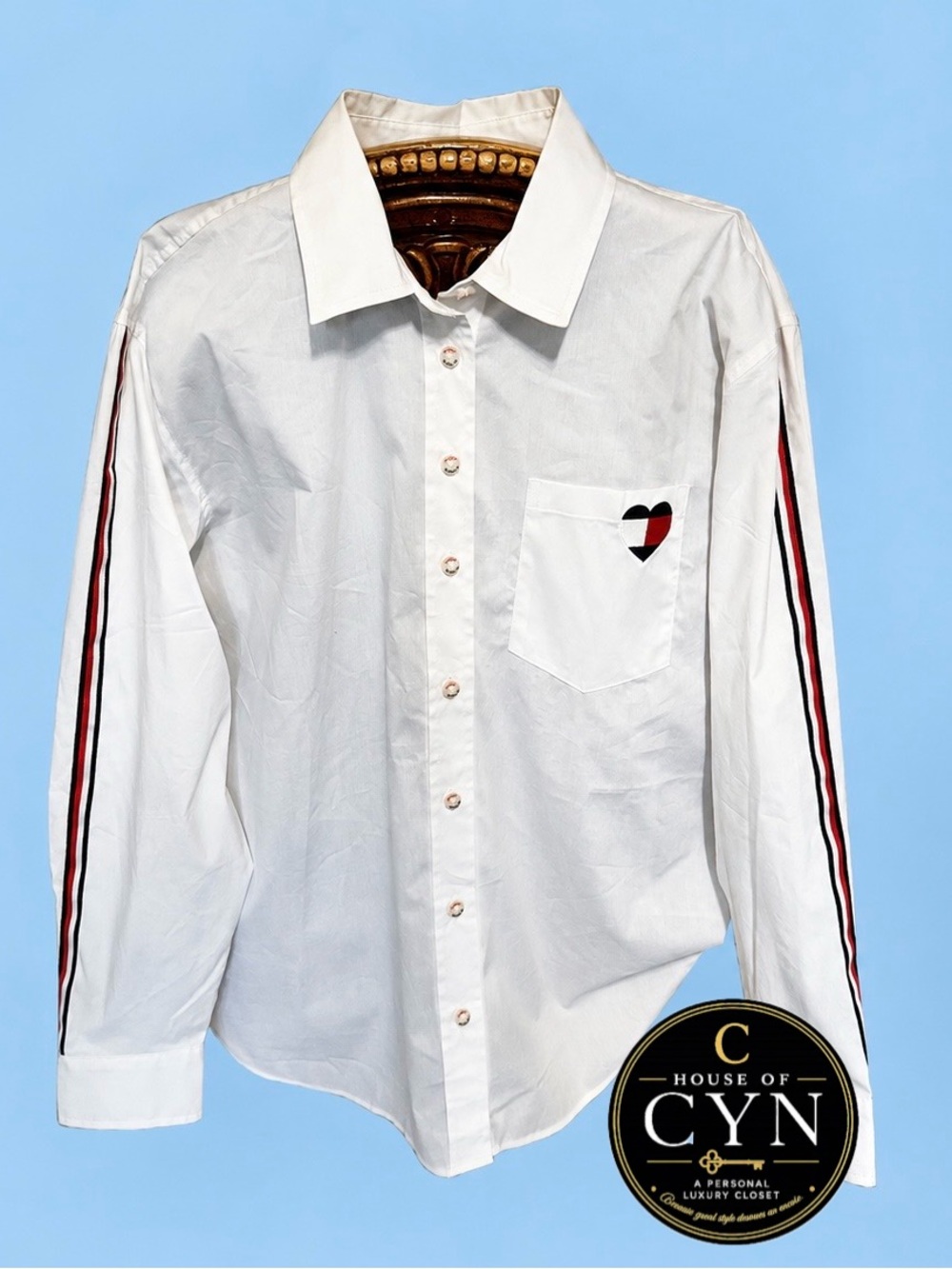 Tommy Hilfiger White Oversized Button Down Shirt, Flag Heart, S/P